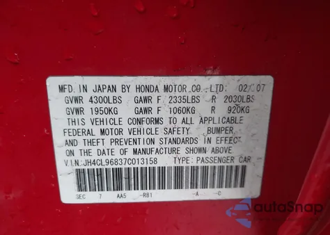 2007 Acura Tsx z USA, uszkodzony, nr VIN JH4CL96837C013158